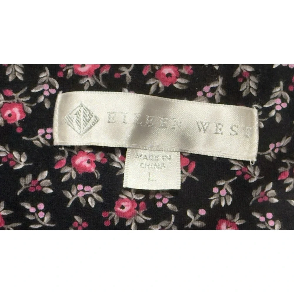 Eileen West Nightgown Womens Large Black Floral Long Sleeve Button‎ Lace Flannel